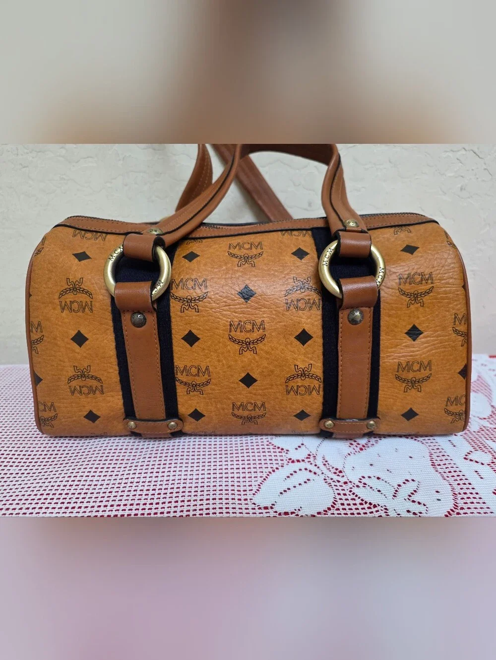 MCM Cognac Monogram Handbag Medium Satchel Bag AUTHENTIC